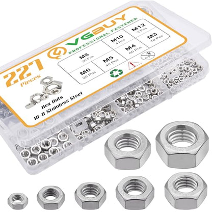 VGBUY 227pcs Metric Hex Nuts Assortment Kit M3 M4 M5 M6 M8 M10 M12,304 Stainless Steel 18-8 External Hex nut Set Hex Machine Screw Nuts Hardware Nuts - size: Metric Kit