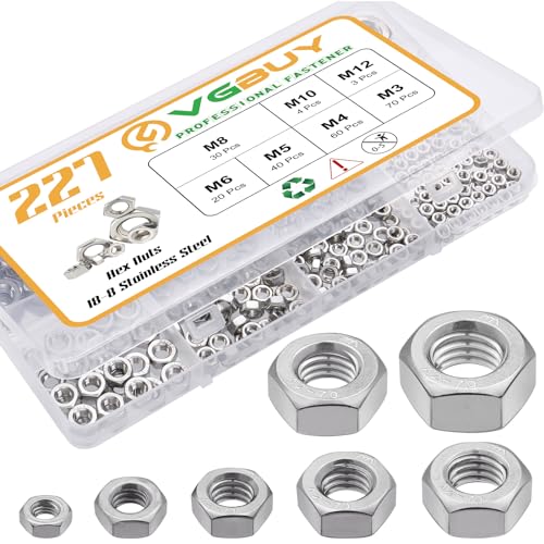 VGBUY 227pcs Metric Hex Nuts Assortment Kit M3 M4 M5 M6 M8 M10 M12,304 Stainless Steel 18-8 External Hex nut Set Hex Machine Screw Nuts Hardware Nuts - size: Metric Kit