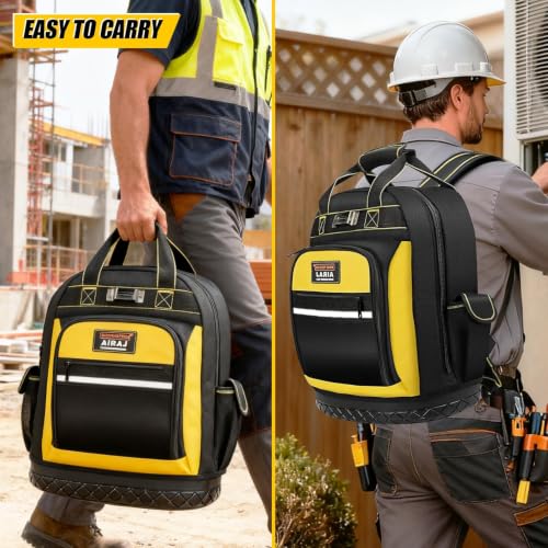 Tool Backpack,17"Heavy Duty Tool Backpack Bag with Waterproof Molded Base,Durable Multi-Use Pocket Electrician & Industrial & Construction Work Backpack,Black/Yellow