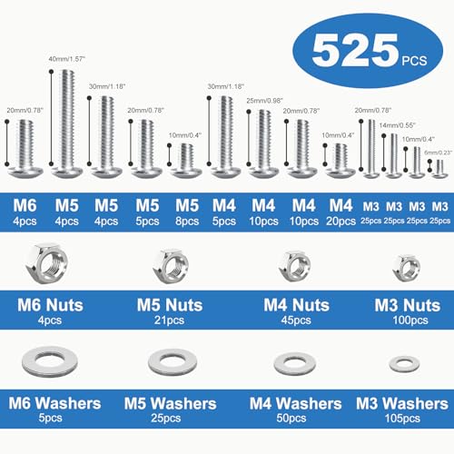 525PCS Machine Screws Assortment Kit, M3 M4 M5 M6 Phillips Head Nuts and Bolts Assorted Set with Storage Case, Metric Bolts Nuts and Flat Washers Kit - color: Silver, size: 525PCS-M3 M4 M5 M6