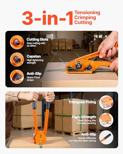 VEVOR Banding Strapping Kit, Heavy Duty Banding Sealer Tool with 1000 ft Length PET Band, 300 Metal Seals, Plastic Manual Pallet Packaging Strapping Kit for Warehouse/Shipping/Moving/Home, Orange - size: 5/8 in x 1000 ft