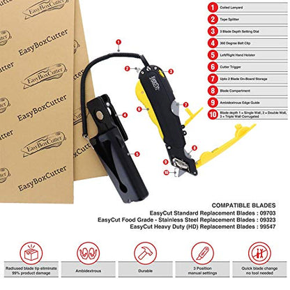 Modern Box Cutter, extra tape cutter at back, dual side edge guide, 3 blade depth setting, 2 blades and holster - Yellow Color 2000 STD