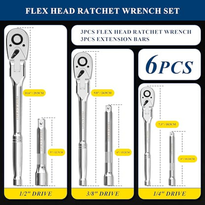 PRIDE&CRAFT 6-Piece Flex Head Ratchet Set, 1/4", 3/8", 1/2" Drive 72-Tooth Swivel Head Ratchet Wrench with Extension Bars, Quick Release Reversible Socket Wrench, EVA Organizer - style: 6pc Flex Head
