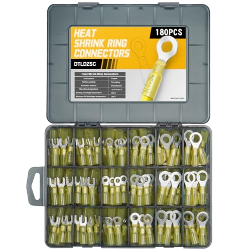 180PCS Marine Grade Heat Shrink Wire Connectors-Electrical Connectors Kit of Tinned Red Copper,Crimp Insulated Ring Fork Spade Butt Splice AWG12-10 Gauge (180pcs Yellow, AWG 12-10) - size: AWG 12-10, style: 180pcs Yellow