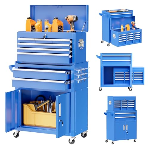 Bonusall 8 Drawer Rolling Tool Chest and Cabinet Combo,Heavy-Duty Metal Garage Tool Chest with Wheels and 2 Doors,2-in-1 Top Box and Roller Cabinet Combo for Garage, Workshop, Warehouse-Blue - color: Blue