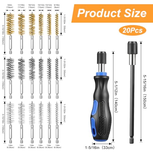 20 Pcs Wire Brush Set for Drill, Wire Brushes for Cleaning Rust Tube Automotive, Nylon, Brass, Stainless Steel Bristles Bore Brush with 1/4" Hex Shank and Tool Bag
