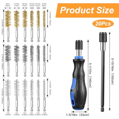 20 Pcs Wire Brush Set for Drill, Wire Brushes for Cleaning Rust Tube Automotive, Nylon, Brass, Stainless Steel Bristles Bore Brush with 1/4" Hex Shank and Tool Bag