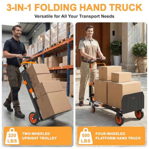 3-in-1 Folding Heavy Duty Hand Truck Dolly Cart Trolley with Wheels(Orange) - color: Orange