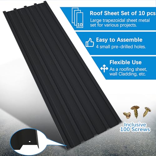 Metal Roof Panels 10Pcs Roofing Panels Galvanized Steel with Screw Resistant,Versatile and Durable Suitable for Garages,Sheds, Stables and Mobile Homes Black 70 sq.ft - color: Black, size: 10 pcs/L60.63"