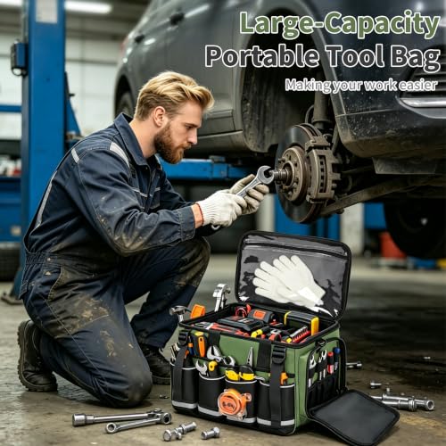 14-Inch Heavy Duty Tool Bag, 17 Pocket Tool Box Organizer - color: Green