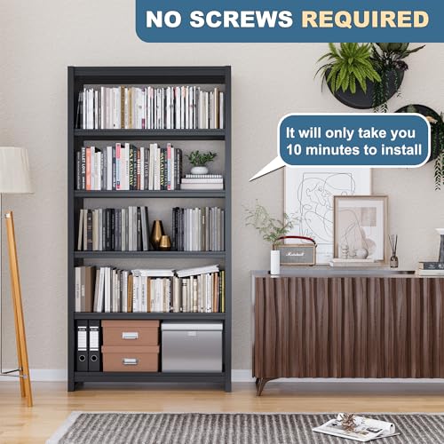 Bookshelf,5 Tier Bookshelves,69" Tall Metal Black Bookcase,Install Simple Bookshelves for Bedroom, Living Room,Home Office/Library (Black) - color: Black, size: 69"H*34"W