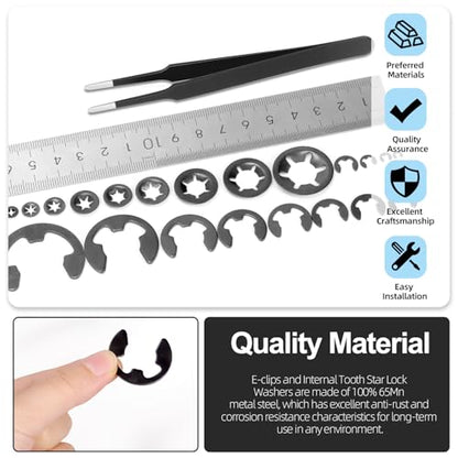 Glarks 261pcs 65Mn-Steel Internal Tooth Star Lock Washers and E-Clip Retaining Rings Kit Includes 100pcs 9 Sizes Push on Locking Washers and 160pcs 14 Sizes E-Ring Circlip Rings and A Tweezer