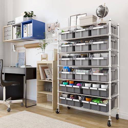 7-Tier NSF 16-Bin Steel Wire Shelving Rack, 36"W x 14"D x 56"H, Gray - color: Gray, size: Includes 16 Bins