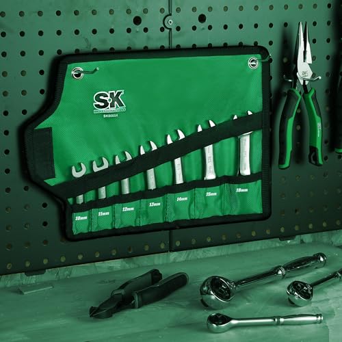 SK Stubby Ratcheting Wrench Set, Combination Wrench Set, 7-Piece, Metric, 72-Tooth, CR-V Steel, with Rolling Pouch - size: Metric
