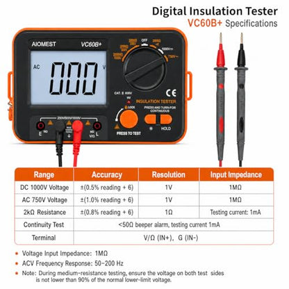 Megohmmeter 1000V Megaohm Meter, AIOMEST Insulation Resistance Tester VC60B - color: orange