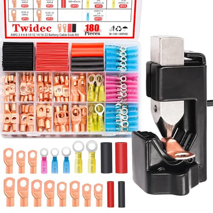 Twidec/180PCS Battery Cable Ends AWG 2 4 6 8 10 12 14 16 Gauge Copper Cable Wire Lugs,Ring Terminals Connectors,Copper Ring Terminals Connectors with Heat Shrink and Hammer Lug Crimper Tool - color: 181PCS