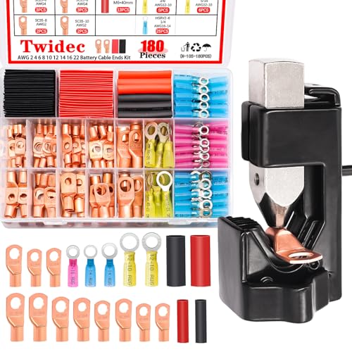 Twidec/180PCS Battery Cable Ends AWG 2 4 6 8 10 12 14 16 Gauge Copper Cable Wire Lugs,Ring Terminals Connectors,Copper Ring Terminals Connectors with Heat Shrink and Hammer Lug Crimper Tool - color: 181PCS