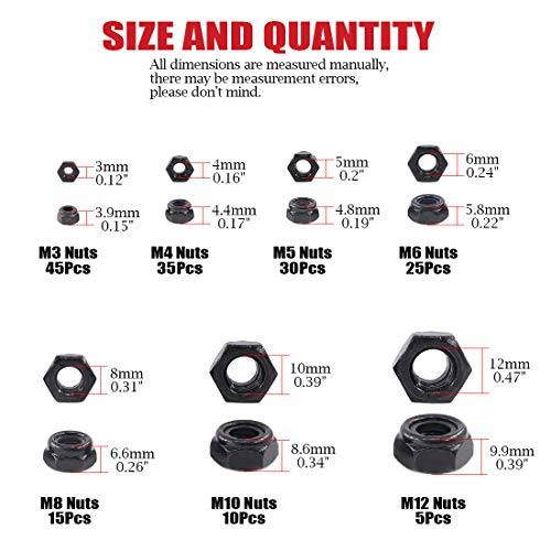 Hilitchi 165-Pcs Black Zinc Plated Nylon Insert Hex Lock Nuts Assortment Kit