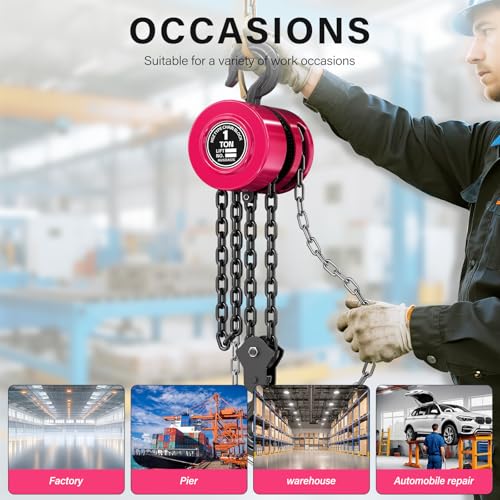 1 Ton Chain Hoist, 2200 lbs Capacity, 8FT Lift Manual Chain Block, Heavy Duty G80 Steel Chain Hoist with Dual-Pawl Brake System and Forged Steel Hooks for Garage, Warehouse Construction,Pink