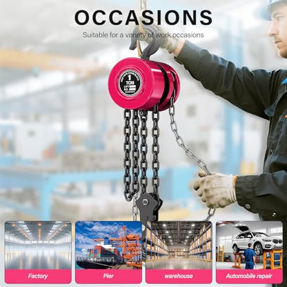 1 Ton Chain Hoist, 2200 lbs Capacity, 8FT Lift Manual Chain Block, Heavy Duty G80 Steel Chain Hoist with Dual-Pawl Brake System and Forged Steel Hooks for Garage, Warehouse Construction,Pink