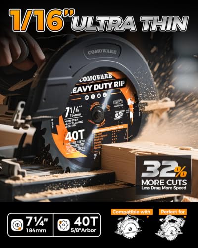 COMOWARE 7 1/4“ Circular Saw Blade, 40T ATB Circular Saw Blade, 5/8" Arbor, TCT Carbide-Tipped, Anti-Vibration, Teflon Anti-Stick, Miter Saws Blades for Wood, Laminate, Plywood & Hardwoods - size: 7-1/4" 40T
