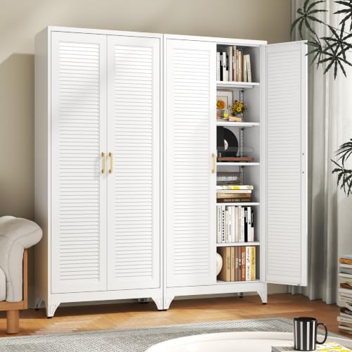 75" Metal Pantry Cabinet,Kitchen Storage Cabinet with Shelves - color: White, size: 75"H-Louvered