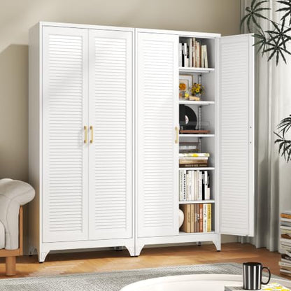 75" Metal Pantry Cabinet,Kitchen Storage Cabinet with Shelves - color: White, size: 75"H-Louvered