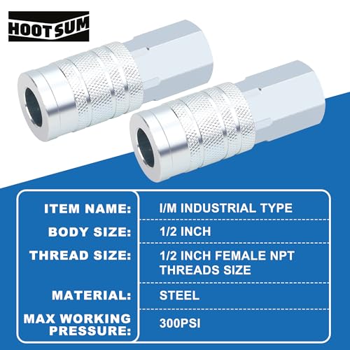 1/2” Air Hose Fittings Set, High Flow 2PCS I/M Industrial Type Coupler with 1/2” FNPT, 3PCS Plugs with 1/2” NPT, 5PCS Steel Air Compressor Accessories Quick Connect Fittings 300PSI - size: 0.5 inches