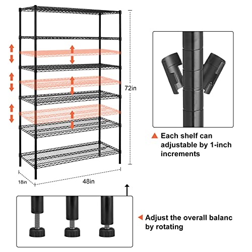Meet perfect 6-Tier Wire Shelving Unit with Wheels, 48x18x72 in, Black - color: Black, size: 6-Tier, 72"H × 48"W × 18"D