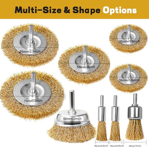 9 Pcs Carbon Steel Wire Brush for Drill Rust Removal Kit,Wire Wheels and Pen Metal Wool Brushes Drill Attachments Cup for Corrosion and Scrubbing Surfaces,1/4-Inch Round Shank - color: Gold