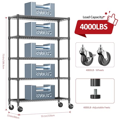 IZEUK Garage Shelving Wide Storage Shelves 5 Tier Metal Shelves 4000 LBS Heavy Duty Adjustable Utility Shelf Rack Black 23.6" D x 53.1" W x 73.6" H - color: Black, size: 5 Tier, 23.6" D x 53.1" W x 73.6" H