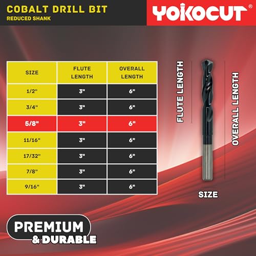 5/8 Inch Cobalt Drill Bit | Reduced Shank High Speed Steel | 5/8 Drill Bit for Stainless Steel and Hardened Metal | HSS M35 Titanium Aluminum Nitride Coating with 1/2" Shank - size: 5/8 Inch