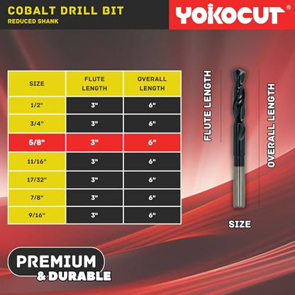 5/8 Inch Cobalt Drill Bit | Reduced Shank High Speed Steel | 5/8 Drill Bit for Stainless Steel and Hardened Metal | HSS M35 Titanium Aluminum Nitride Coating with 1/2" Shank - size: 5/8 Inch