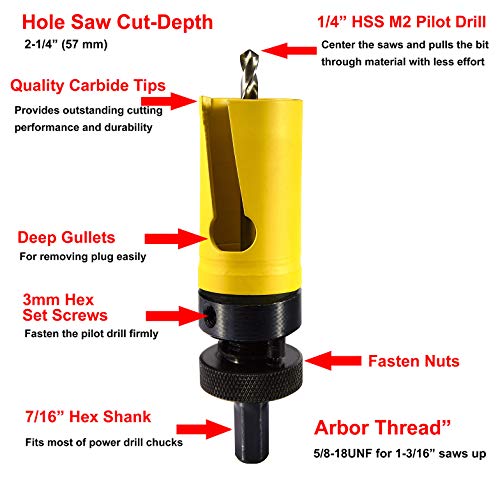 MaxTool 1-3/8" TCT Hole Saw 35mm Carbide Tip Holesaw 2" Deep with 5/8-18 Thread for Cutting Asphalt Brick Concrete MDF Tough Material; CT00Y57R124 - size: 1-3/8"
