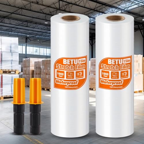 Stretch Film Shrink Wrap for Moving Supplies (15inch, 2 Pack) x 1000ft, Industrial Strength Plastic Wrap Stretch Roll for Pallet Wrapping Shipping Moving Boxes Storage Furniture with Handles, Clear - color: Clear, size: 15'' | 2 Pack