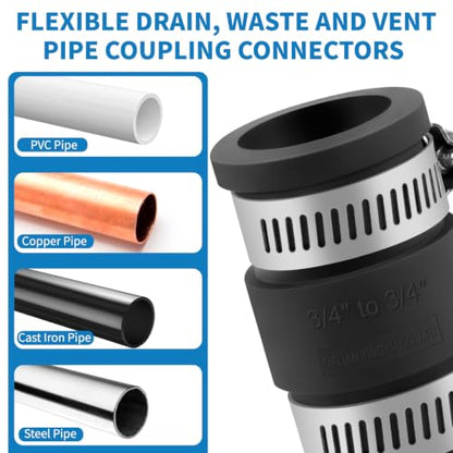 2 Pcs 3/4 IN Flexible PVC Pipe Coupling with Stainless Steel Clamps Fit 3/4 IN Nominal Pipes, Couplers for Plastic and Copper Pipe Plumbing Connections, Drain Repair, Dust Hose - size: 3/4 in