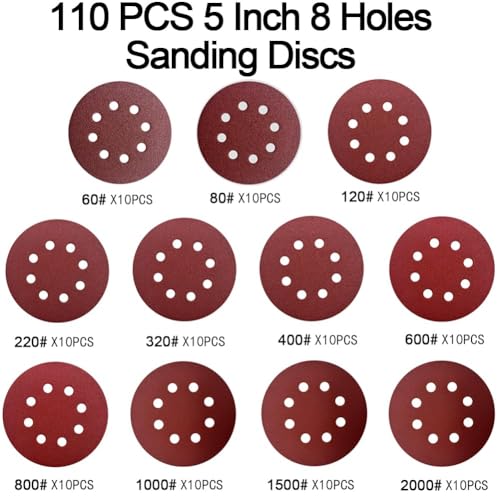 110PCS 5 Inch 8-Hole Sanding Discs, Hook and Loop Sandpaper Sanding Pad Set - style: 110PCS 60-2000 Mixed Assort Grits