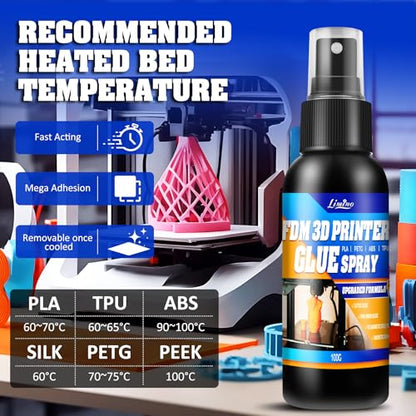 3D Printer Adhesive - 3D Print Glue Spray (Improved Version), Prevents Warping on Heated Print Bed, Easy Removal for ABS PLA PETG TPU Filaments on Various Build Plates, No Residue - 3.5oz*2
