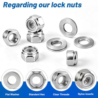 1/4-20 Lock Nut 190Pcs Stainless Steel Nylock Locking Nuts with Washer - size: locknuts-1/4" 190pcs