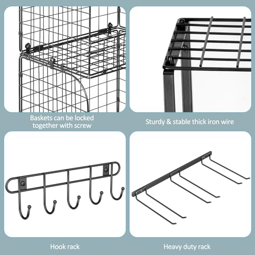 ThreeHio Garage Shelf Wall Mounted with Wire Baskets, Heavy Duty Garage Wall Shelving with Garden Tool Rack and Hooks, Wire Shelf Baskets Tool Organizer for Home Garden Yard Organization and Storage