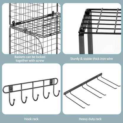 ThreeHio Garage Shelf Wall Mounted with Wire Baskets, Heavy Duty Garage Wall Shelving with Garden Tool Rack and Hooks, Wire Shelf Baskets Tool Organizer for Home Garden Yard Organization and Storage
