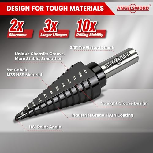 ANGELSWORD Step Drill Bits, 50 Sizes, 5PCS M35 TiAlN Coated Step Drill Bit Set for Stainless Steel, High Carbon Steel, Hard Material and Sheet Metal, with Aluminum Case - style: M35 5 PC Set