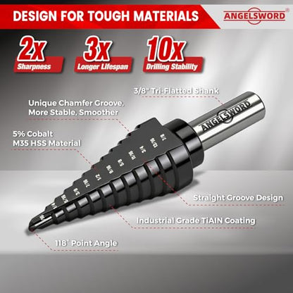 ANGELSWORD Step Drill Bits, 50 Sizes, 5PCS M35 TiAlN Coated Step Drill Bit Set for Stainless Steel, High Carbon Steel, Hard Material and Sheet Metal, with Aluminum Case - style: M35 5 PC Set