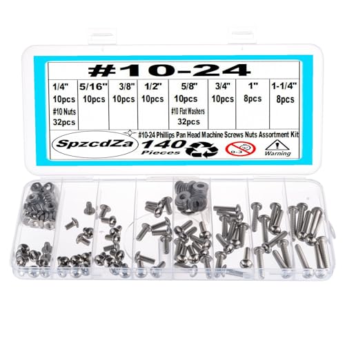 140 Pieces #10-24 Phillips Pan Head Machine Screws Nuts Washers Assortment Kit, Coarse Thread, Fully Machine Threaded, 304 Stainless Steel - size: #10-24