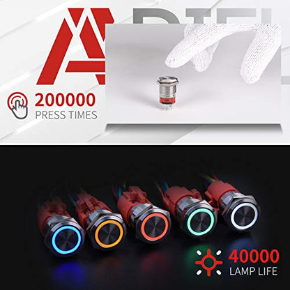 APIELE 19mm Latching Push Button Switch 12V DC Angel Eye Halo Ring LED Metal 0.74" 1NO1NC SPDT with Wire Socket Plug (Yellow) - color: Silver Shell-Yellow, size: Silver Shell