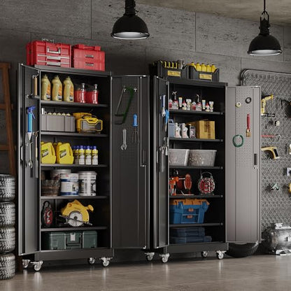 71" Metal Storage Cabinet with Wheels, 5 Adjustable Shelves, Black - color: Black, size: 16"D x 32"W x 71"H