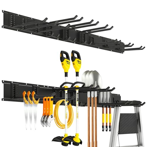 Garage Tool Organizer Wall Mount, 48inch Heavy-Duty Garage Storage System and Garden Tool Organizer with 9 Adjustable Hooks for Shovel, Snowboard, Yard Tools and Shed - size: 48"-9hooks
