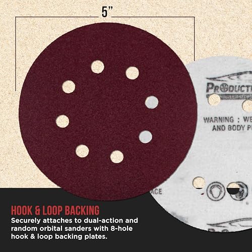 ProductionShop Premium 5" Red 8-Hole Pattern 120 Grit Sanding Discs, Box of 50 - Dustless Hook & Loop Backing Sandpaper for Random Orbital Sanders, Medium-Cut Abrasive - Woodworking, Sand Auto Paint - style: 120 Grit