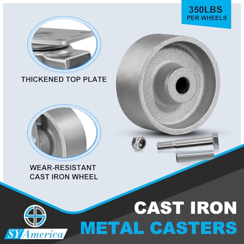SY America 3" Heavy Duty Casters Set of 4,Cast Iron Semi-Steel Caster Wheels,Metal Industrial Casters,1400 LB Capacity-2 Brake & 2 Swivel - style: 3" Wheel