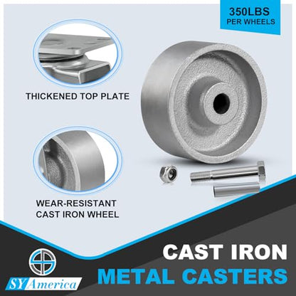 SY America 3" Heavy Duty Casters Set of 4,Cast Iron Semi-Steel Caster Wheels,Metal Industrial Casters,1400 LB Capacity-2 Brake & 2 Swivel - style: 3" Wheel